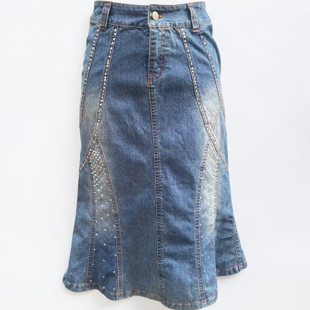 Cache Denim Midi Skirt 0 XS Blue Rhinestone Beaded Mermaid Y2K 2000 McBling Boho